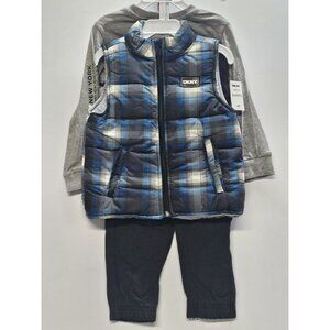 DKNY  Size 4T Set Of 3, Plaid Blue Vest/ Black Pants/ Grey Long Sleeve‎ Printed